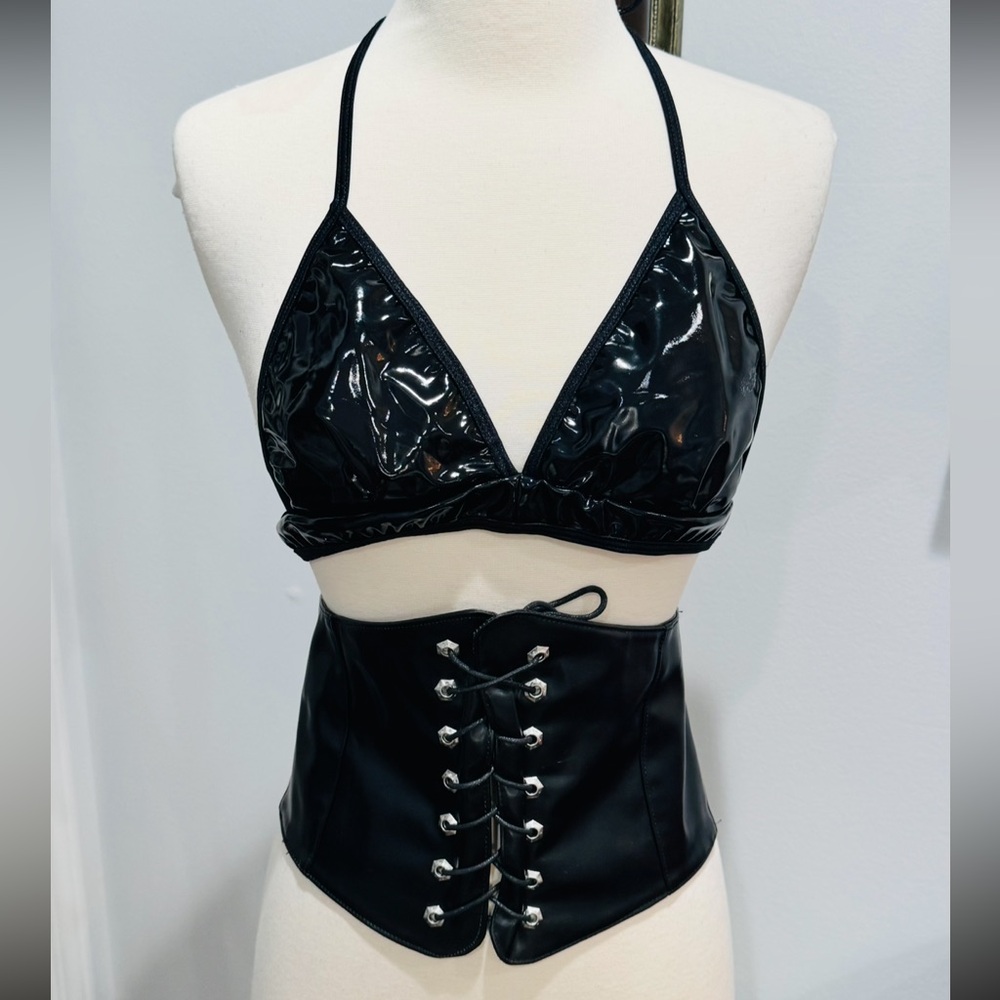 Black Vinyl Halter Bikini Top & Black Faux Leather Lace-up Corset